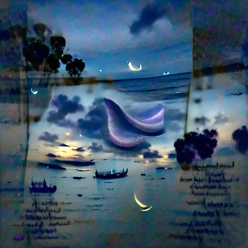 Twilight Ocean with Lilac Clouds and Crescent Moon