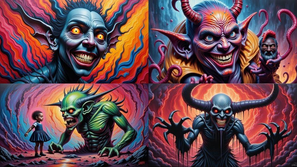 Nightmarish Demon Torments Innocent, Acrylic on Canvas