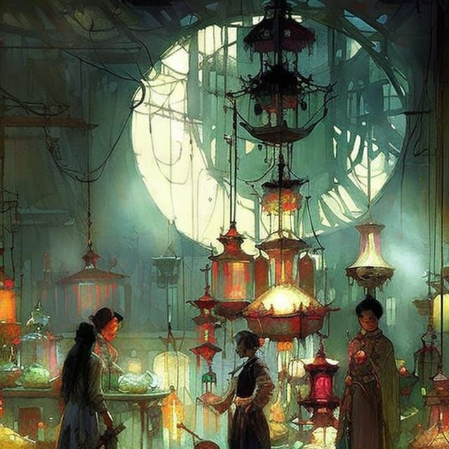 Fantasy Chinese Market Interior with Colored Lamps