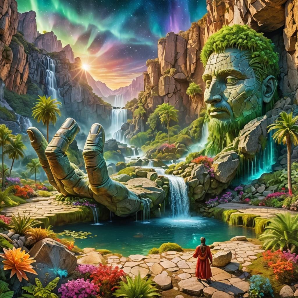 Surreal Illuminated Forest with Stone Waterfall