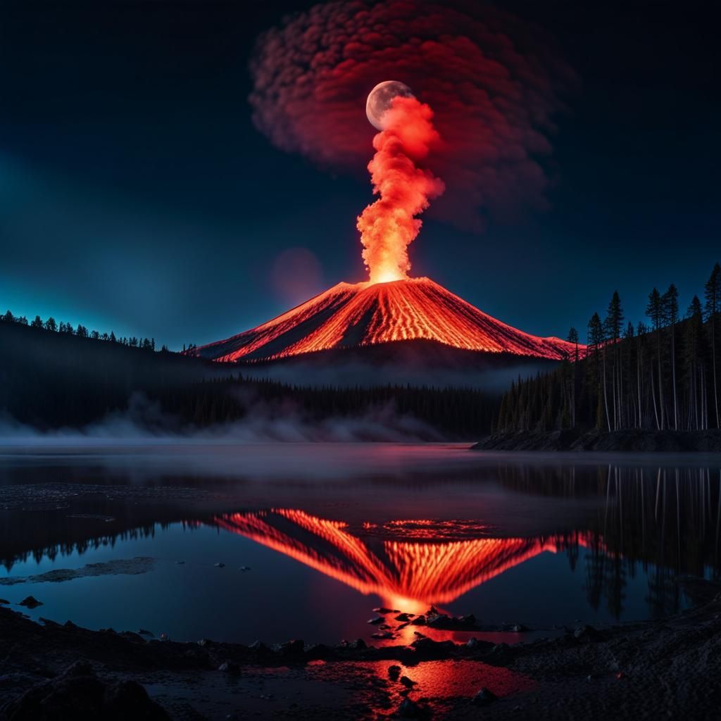 Volcanic Eruption Under Moonlight: Vivid Panoramic Photograp...