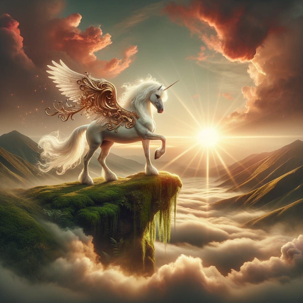 Majestic White Pegasus at Dawn with Golden Sun Rays