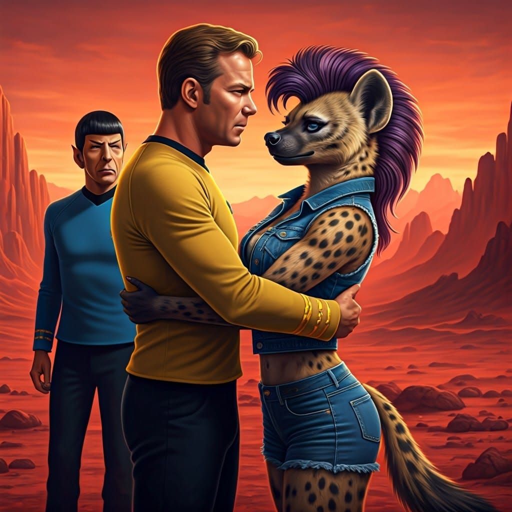 Captain Kirk Embraces Martian She-Hyena in Hyperreal Landsca...