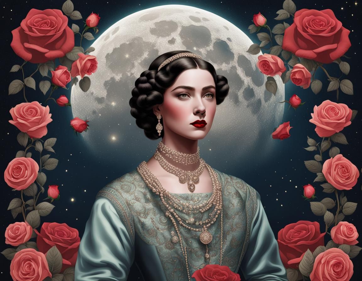 Vintage Woman with Roses and Lunar Backdrop
