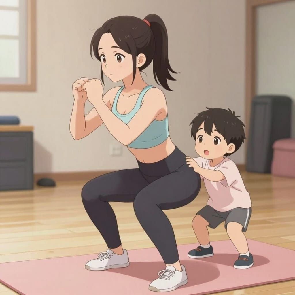 Anime Workout Scene: Girl and Child Exercising Together
