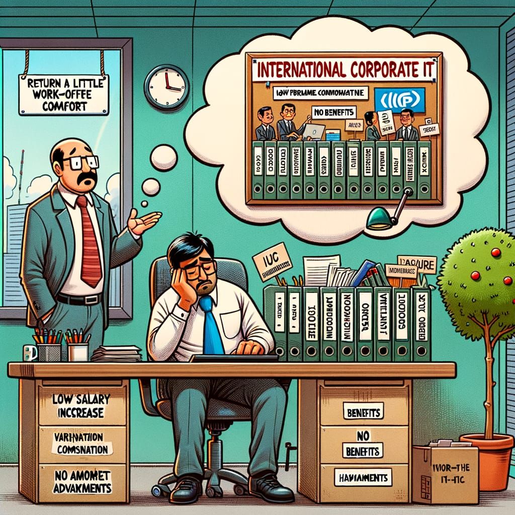 Cartoon IT Office Scene with Daydreaming Engineer