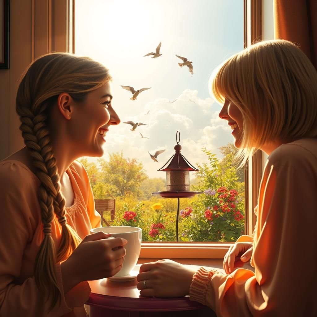 Sisters Laughing Over Coffee: Hyperrealistic Portrait