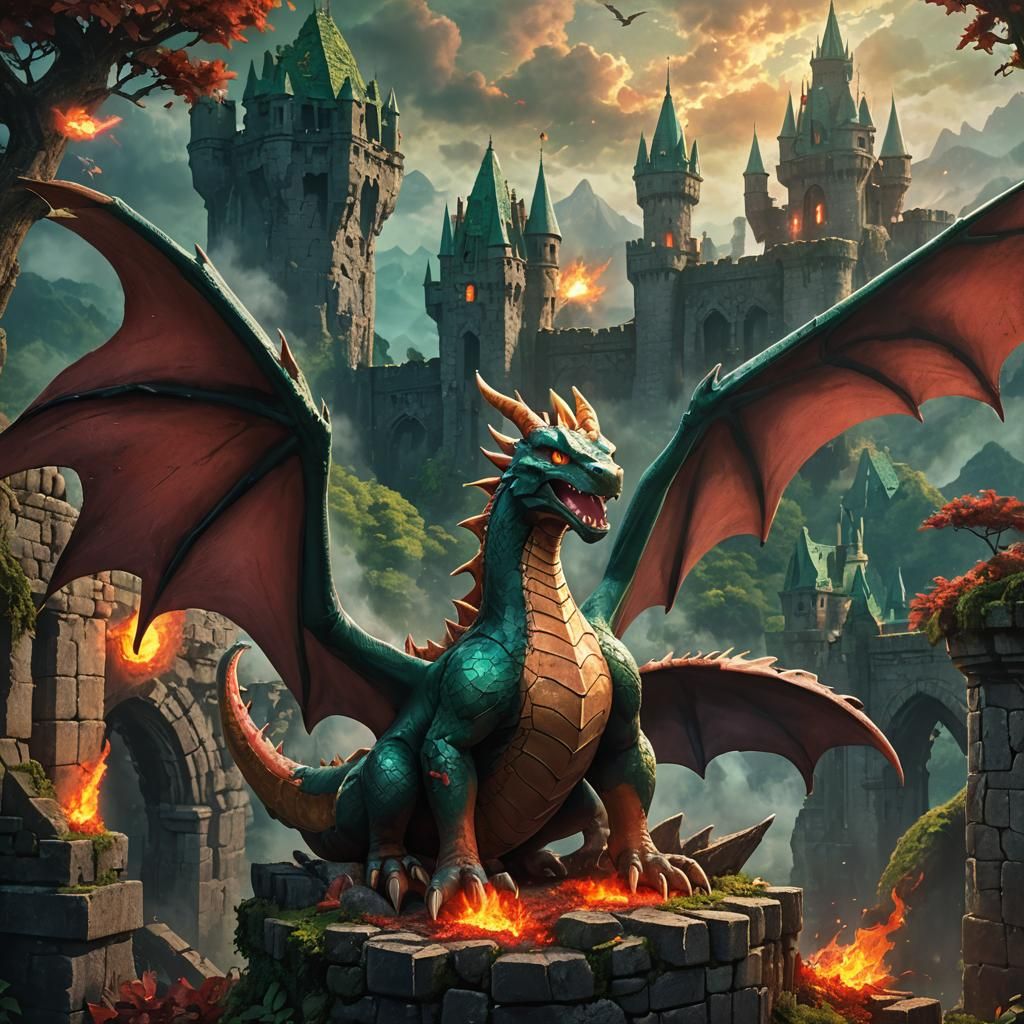 Charizard Portrait on Castle Wall in Fantasy Art