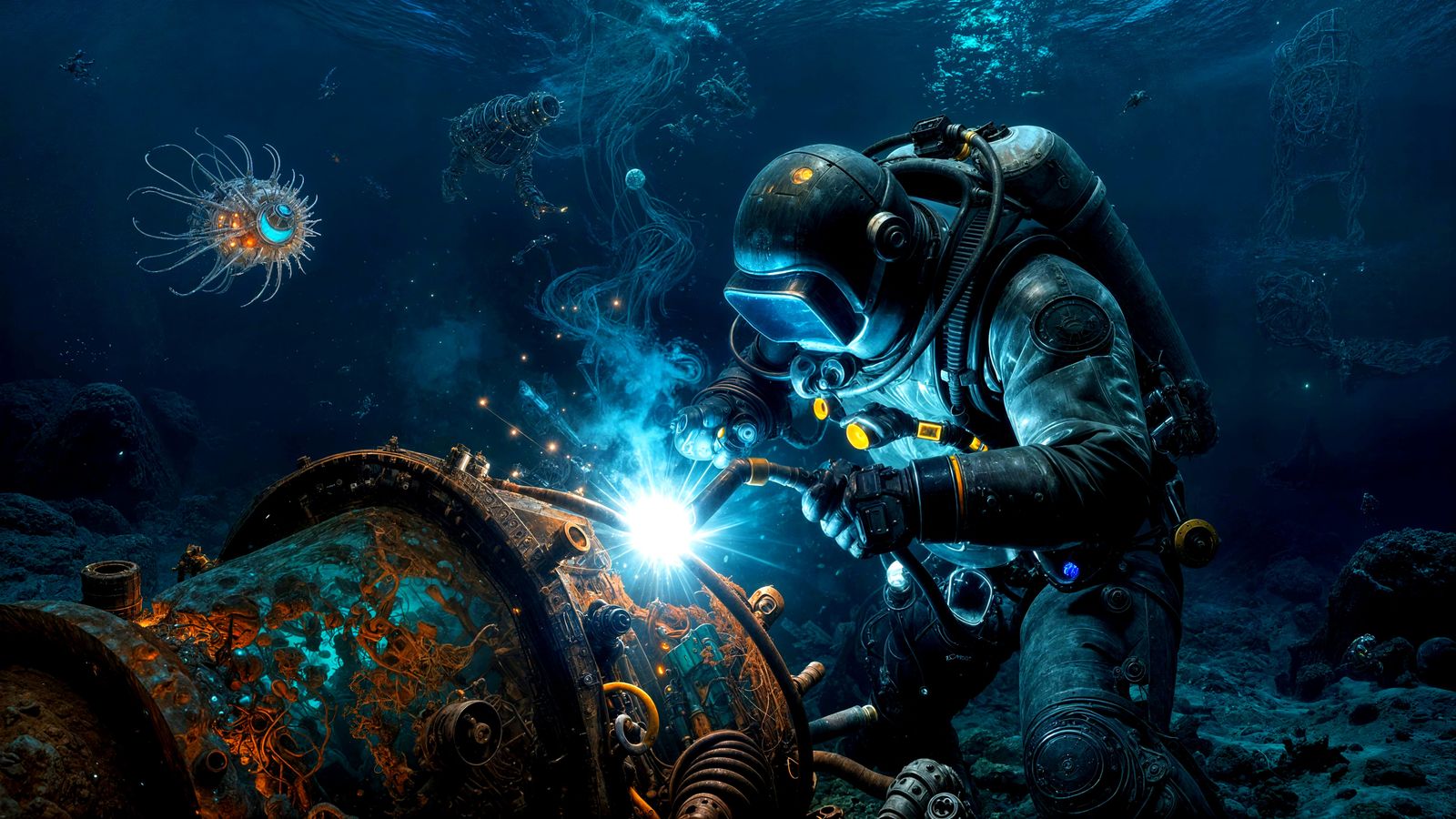 Deep-Sea Welder Repairs Underwater Structure Amidst Biolumin...