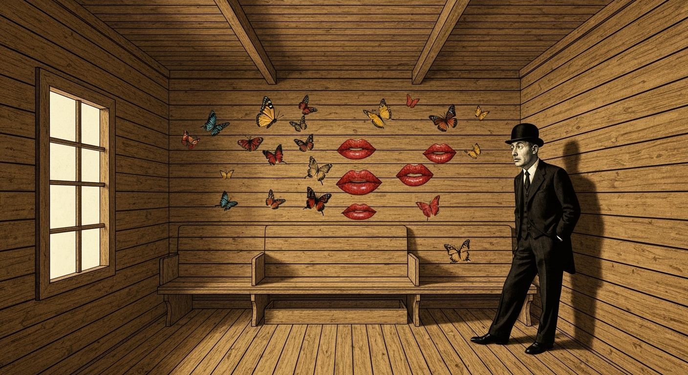 Surreal Scene: Butterflies and Lips Emerge from Cabin Walls