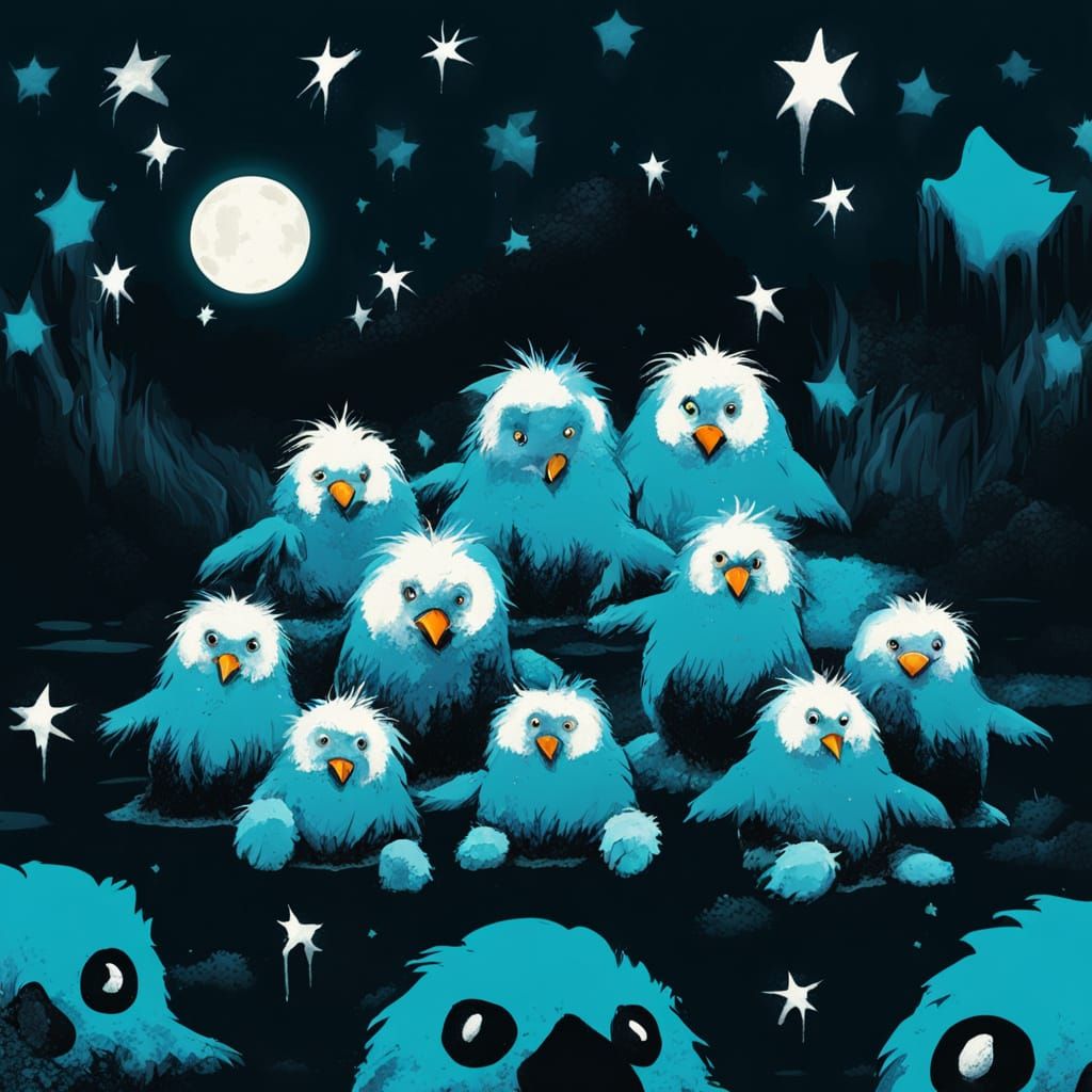 Surreal Penguin Rave with Gemstones on Velvet