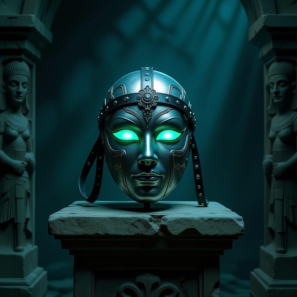 Ethereal Silver Mask in Crypt, Dark Fantasy Matte Painting