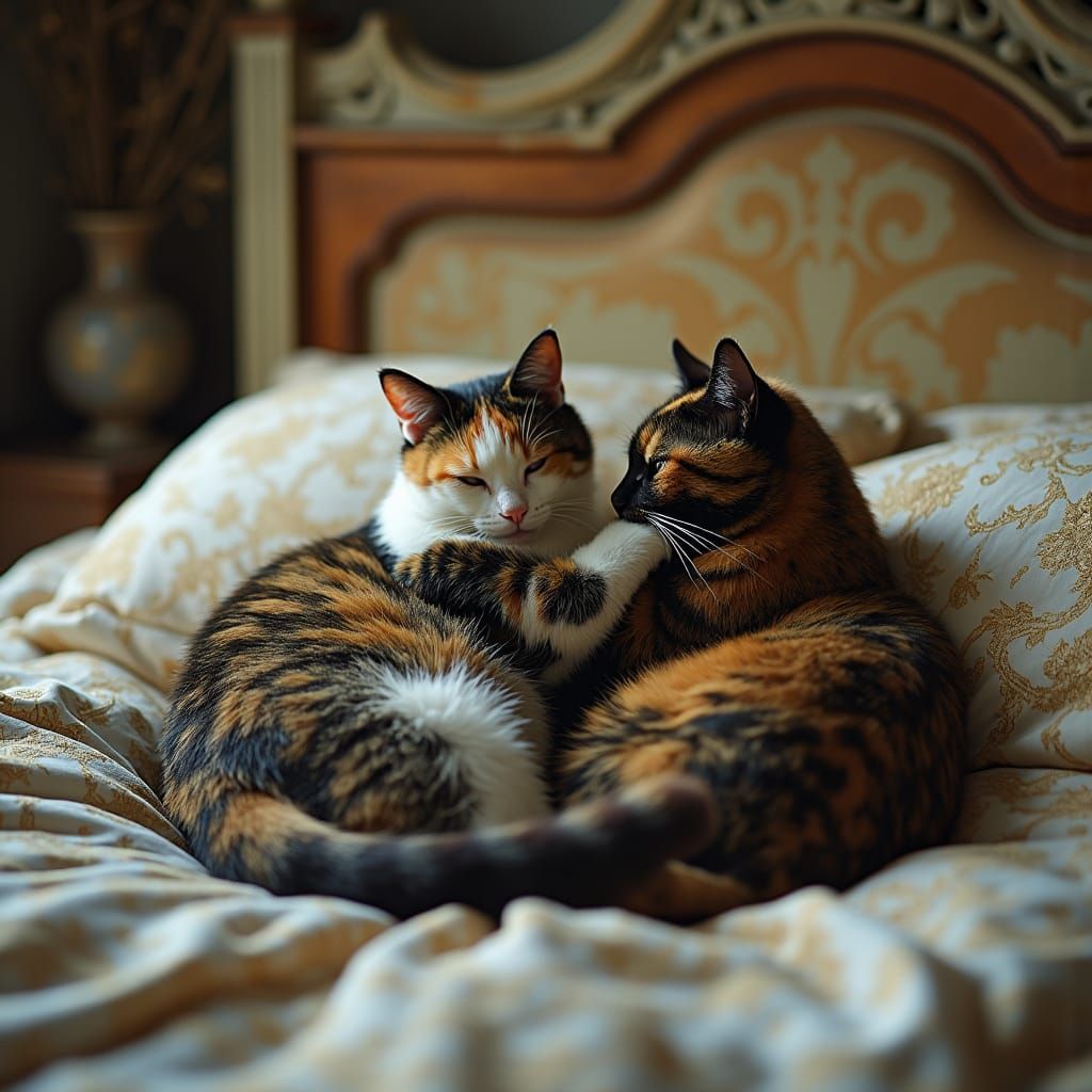 Calico Cat Hugs Tortoiseshell Cat on Antique Bed