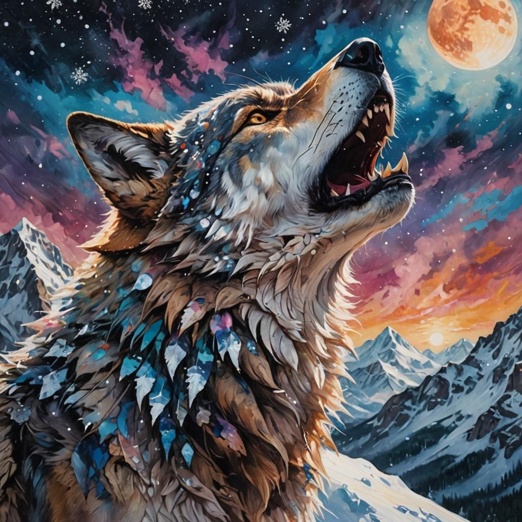 Wolf Howling at Moon in Surreal Landscape Painting