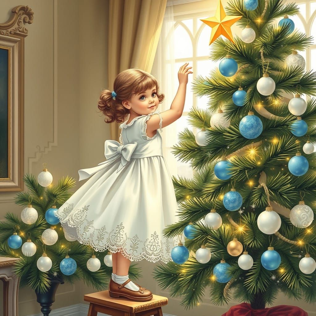 Victorian Christmas Scene with Curly Girl on Ladder