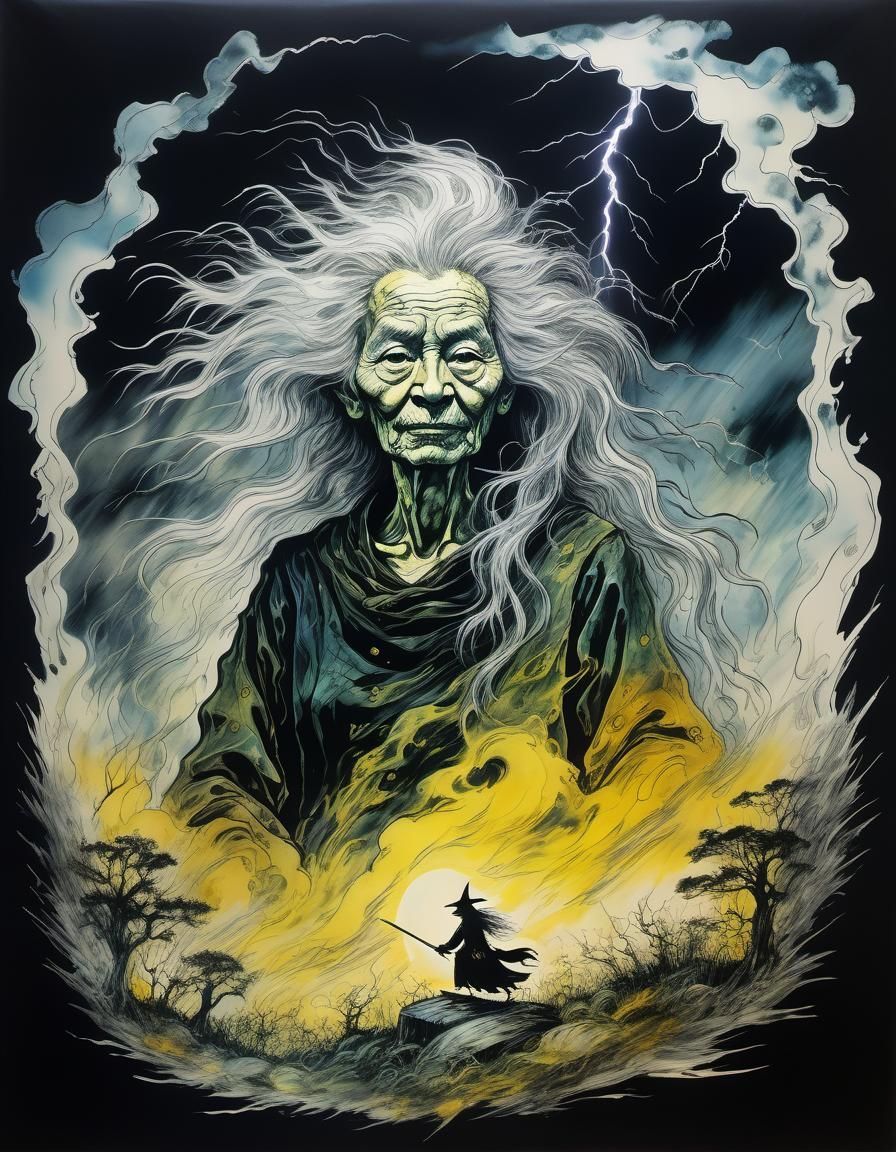 Exuberant Witch Portrait with Lightning, Ink on Silk