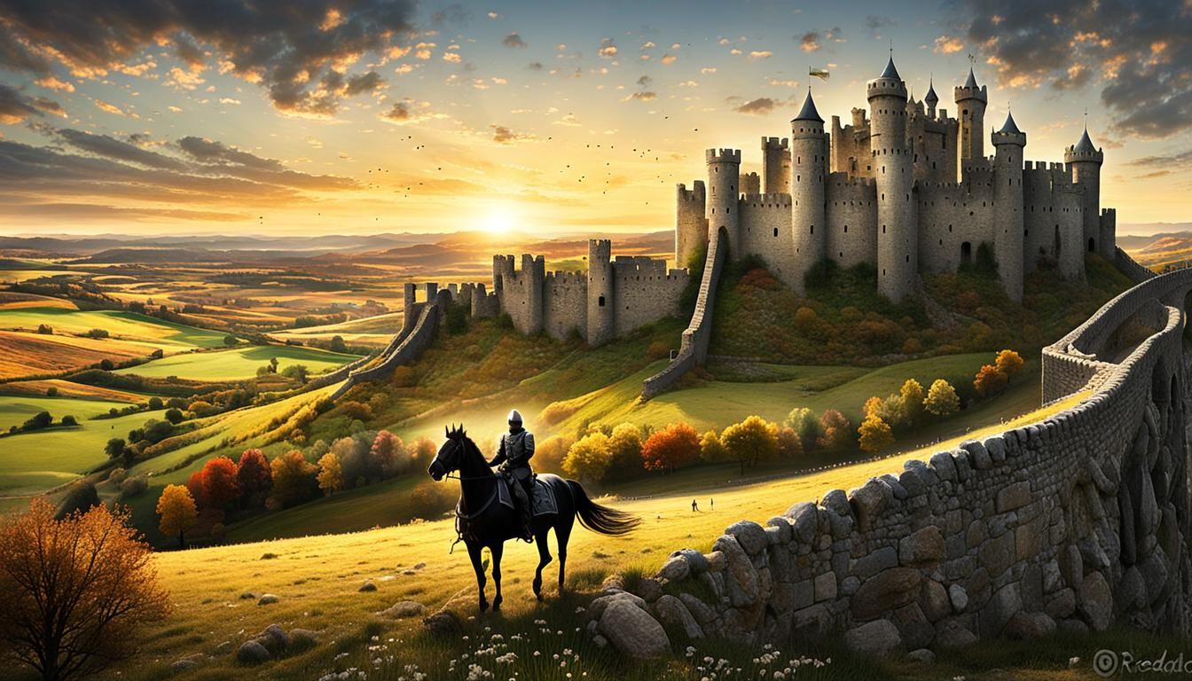 Equestrian Knight Before Distant Castle at Sunset
