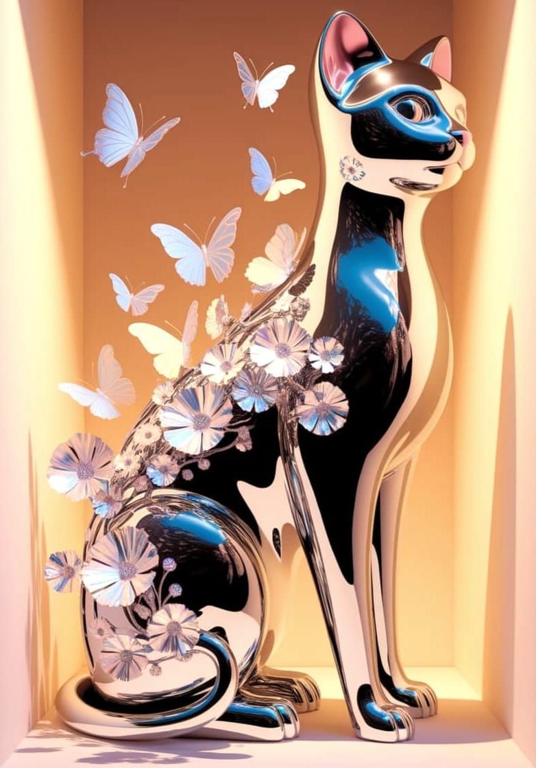 Elegant Chrome Cat Figurine in Pastel Chrome Flowers