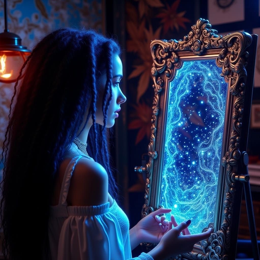 Dreamy Woman Mesmerized by Bioluminescent Mirror