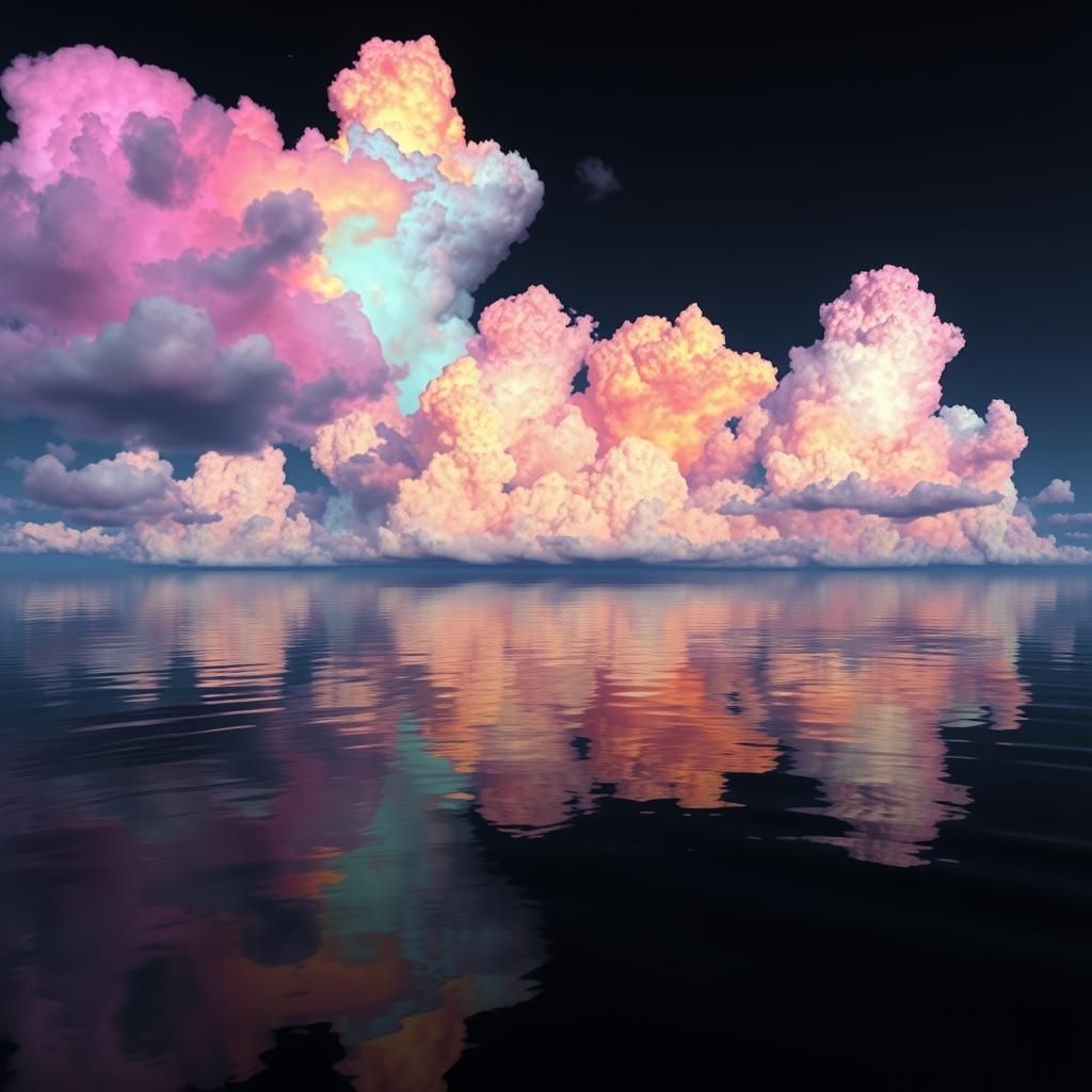 Rainbow Clouds Reflect on Black Ocean, Digital Art