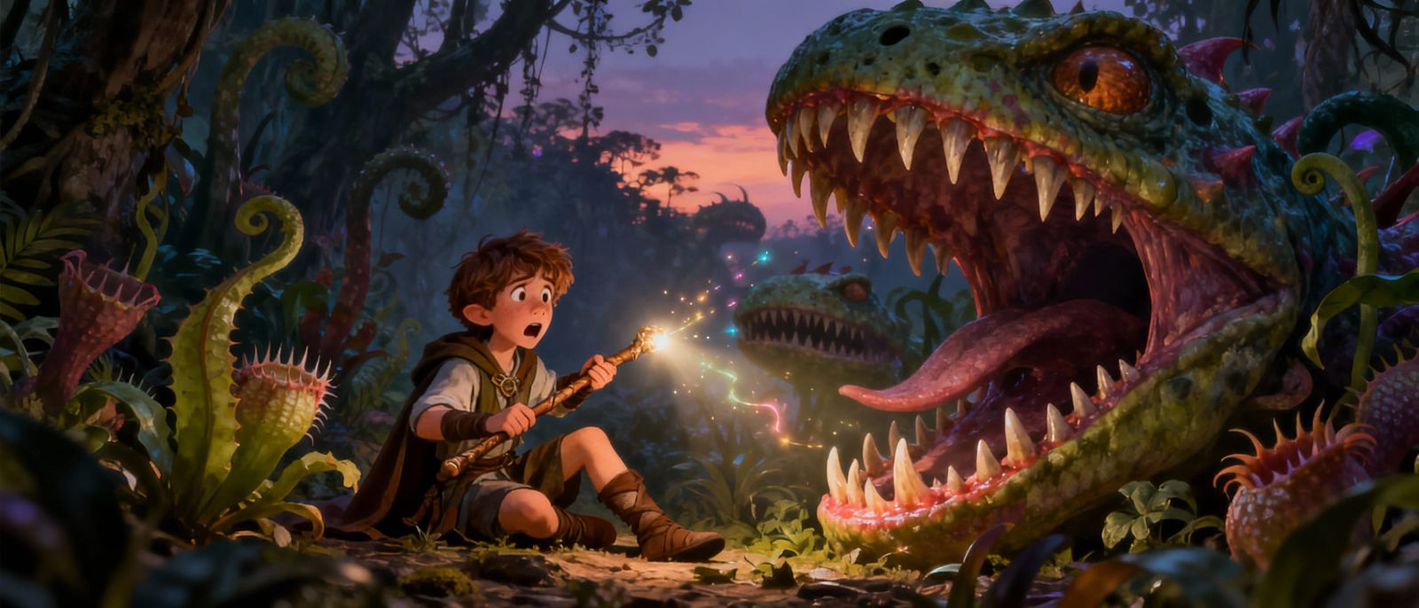 Frightened Boy Druid Casts Light Spell on Carnivorous Plants