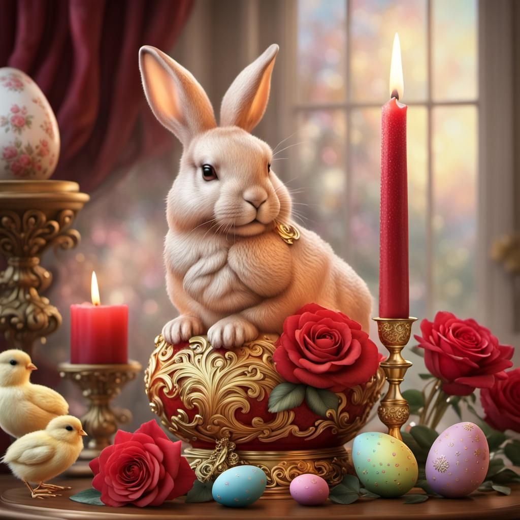 Easter Fantasy: Red Candle with Bunny and Chick