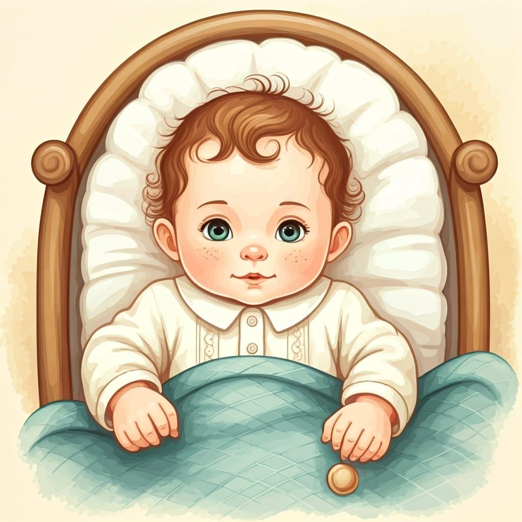Hasidic Baby in Cradle: Soft Watercolor Illustration