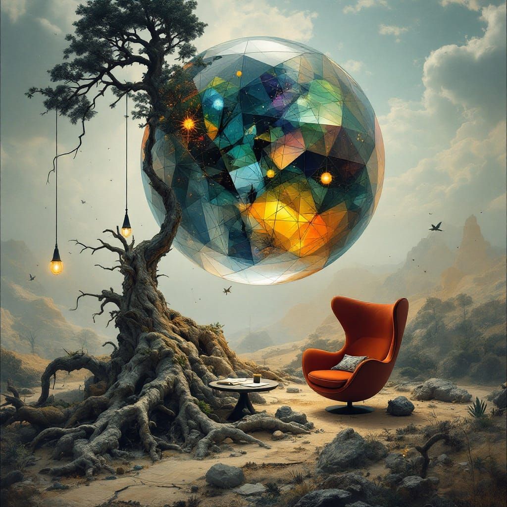 Surreal Glass Biosphere with Crimson Armchair, Impasto Style