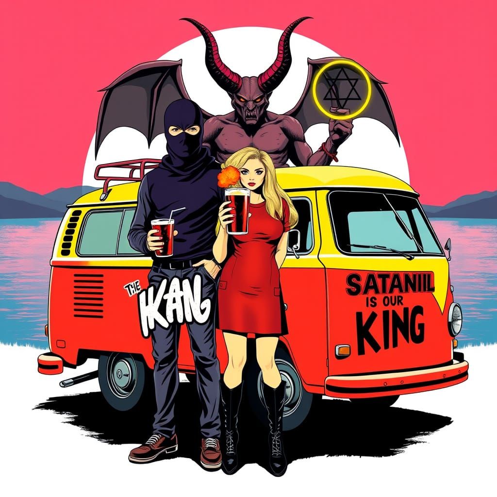 Bold Psychedelic Scene with Baphomet and Retro Figures