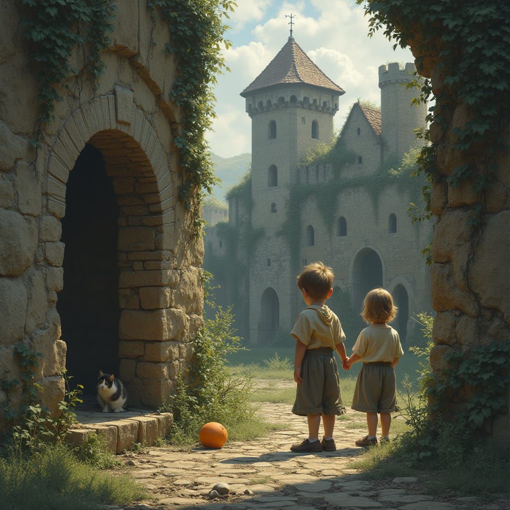 Medieval Village Ruins with Children Playing and Cat