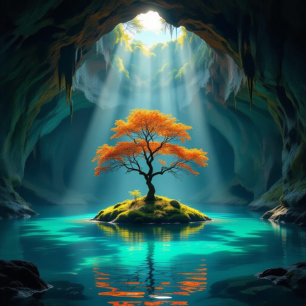 Ethereal Cave Tree Glowing in Cathedral Light