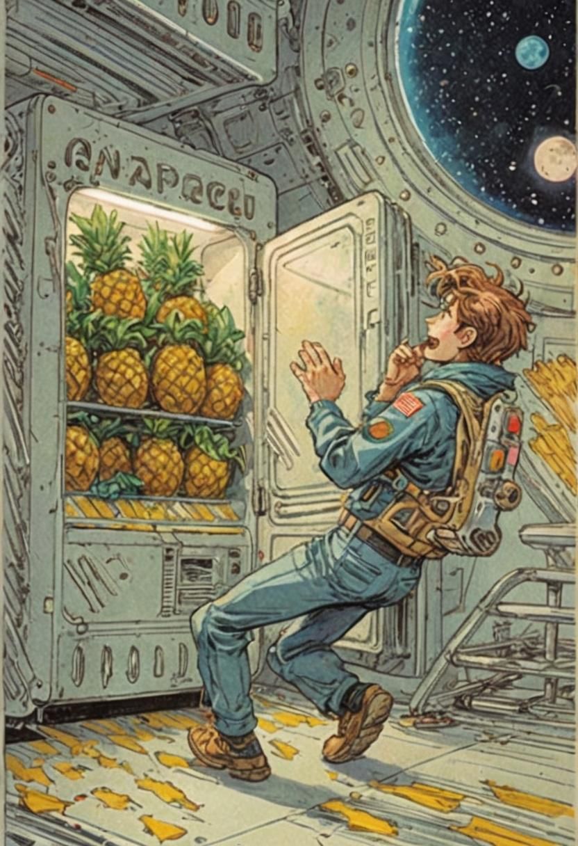 Frightened Man and Alien Pineapples in Anime Style