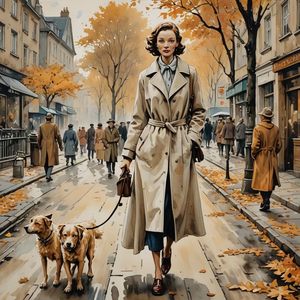 Elegant Woman with Dog in 1940s Street Art Style
