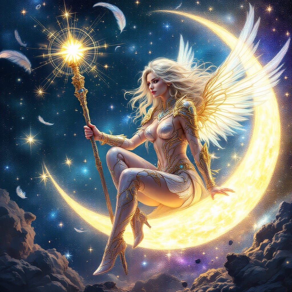 Ethereal Cosmic Warrior Princess on Crescent Moon