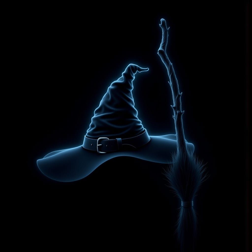 Neon Witch Hat and Broom Line Art Illustration