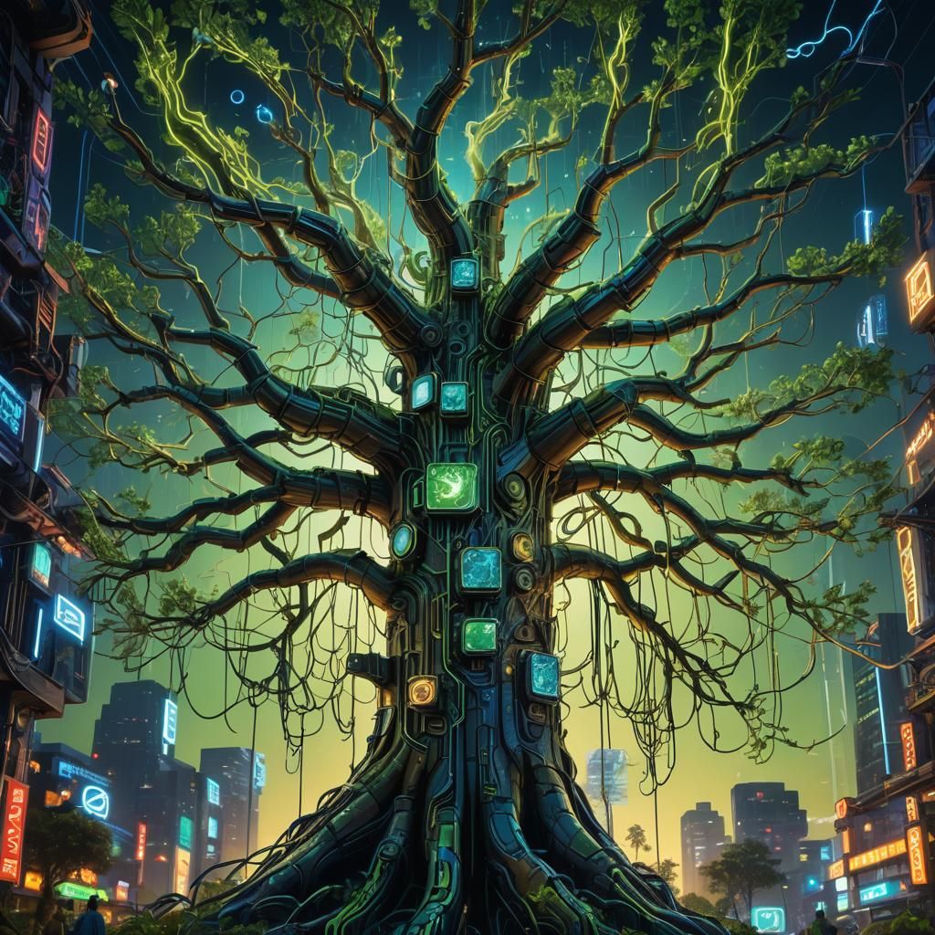 Majestic Cyber Tree with Circuitry Bark in Cyberpunk Style