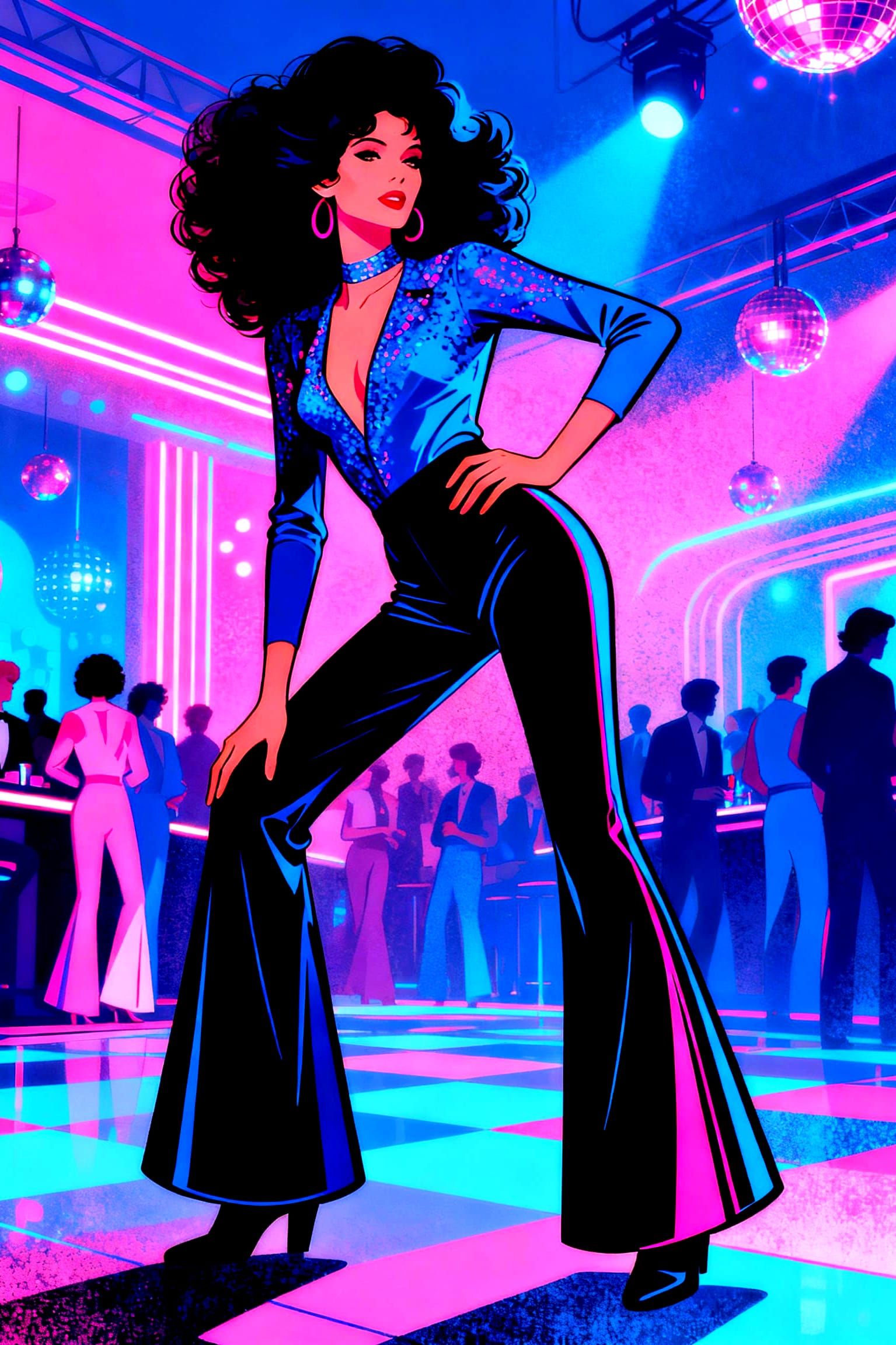 1970s Disco Dancer in Vibrant Fashion Illustration