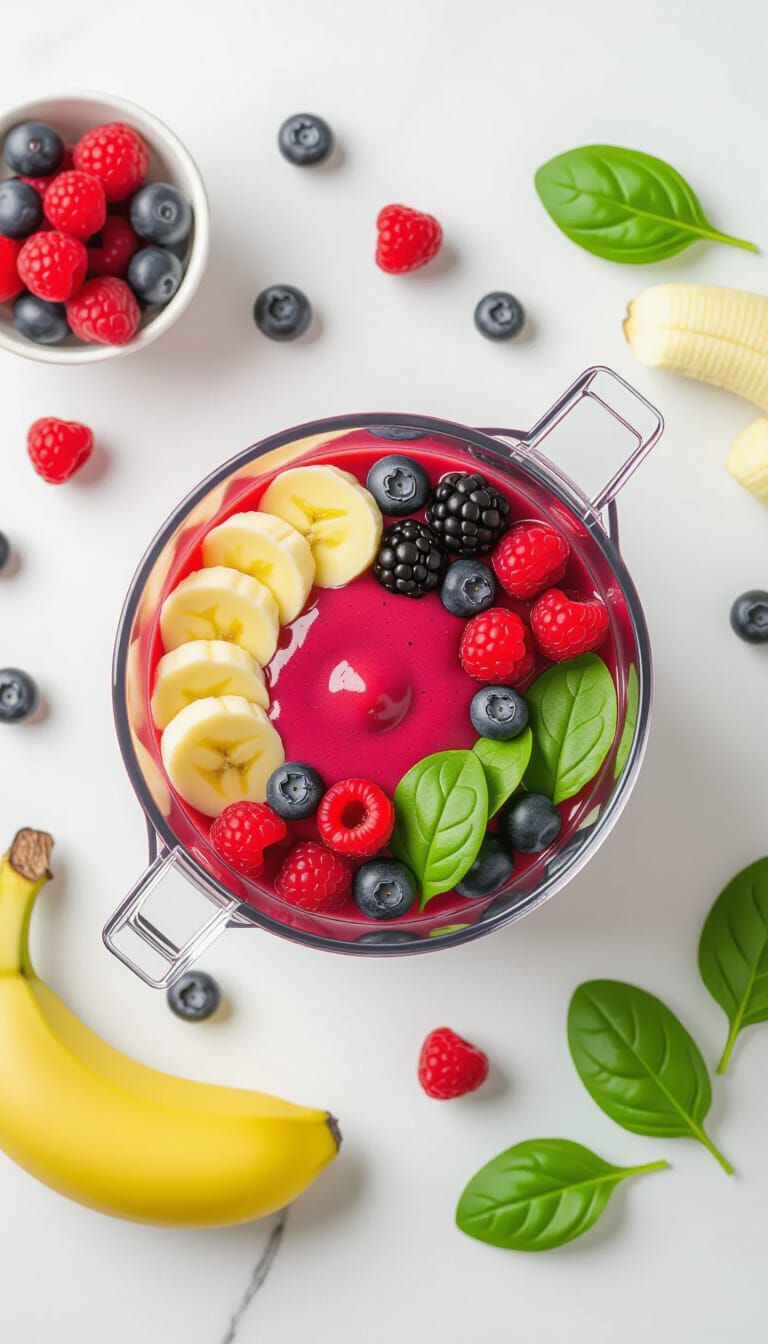Vibrant Smoothie Preparation: Photorealistic Overhead Shot