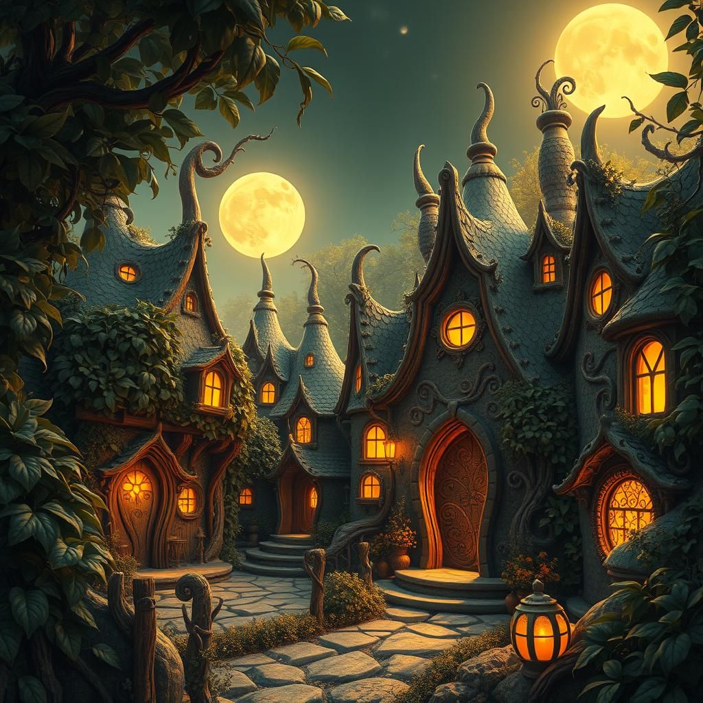 Moonlit Gourd Houses in Mystical Town: 3D Render
