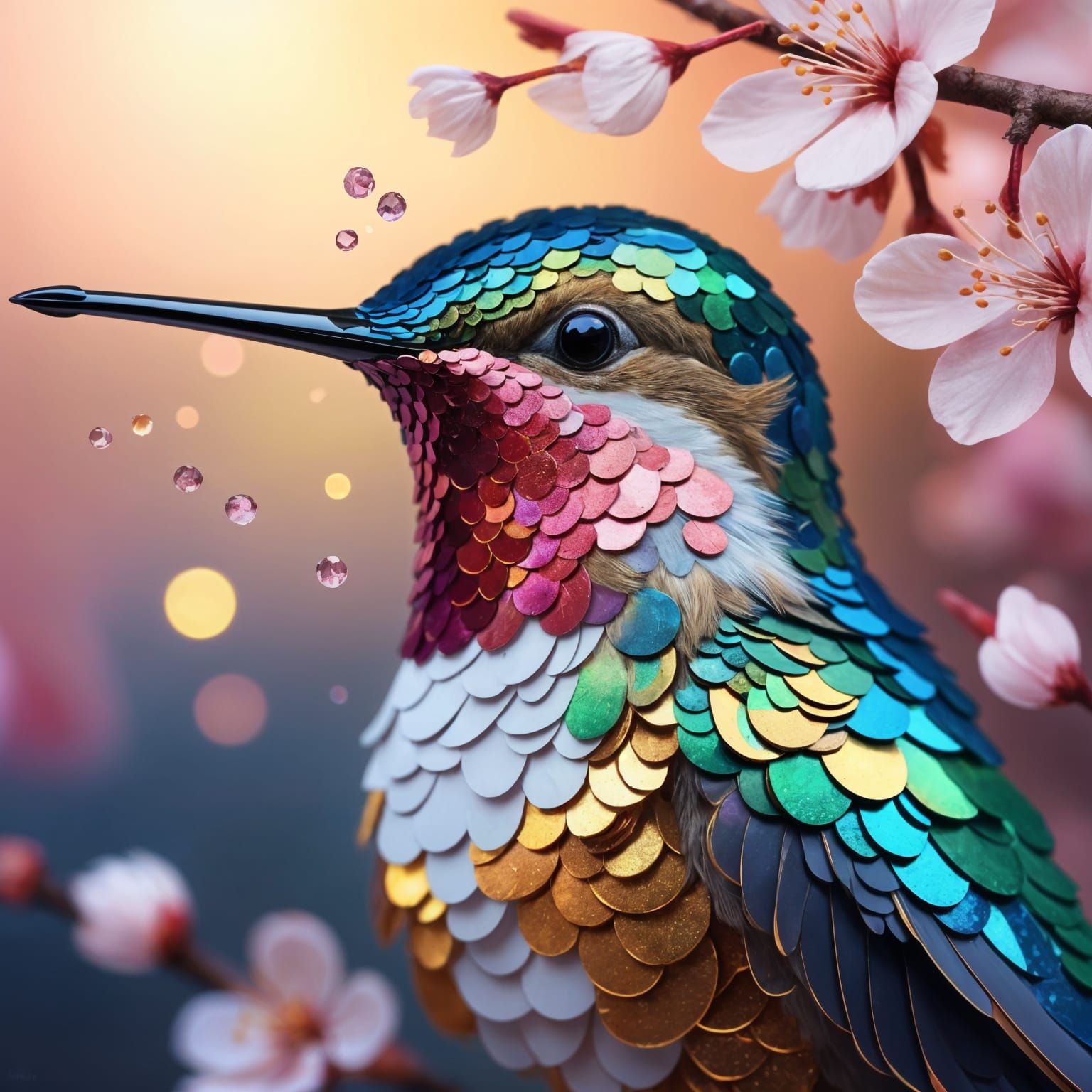 Hummingbird made entirely of sequins ...