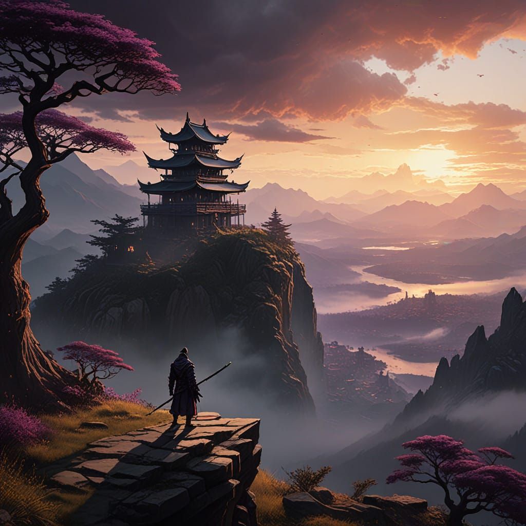 Dark Fantasy Samurai Amidst a Turbulent Sunset