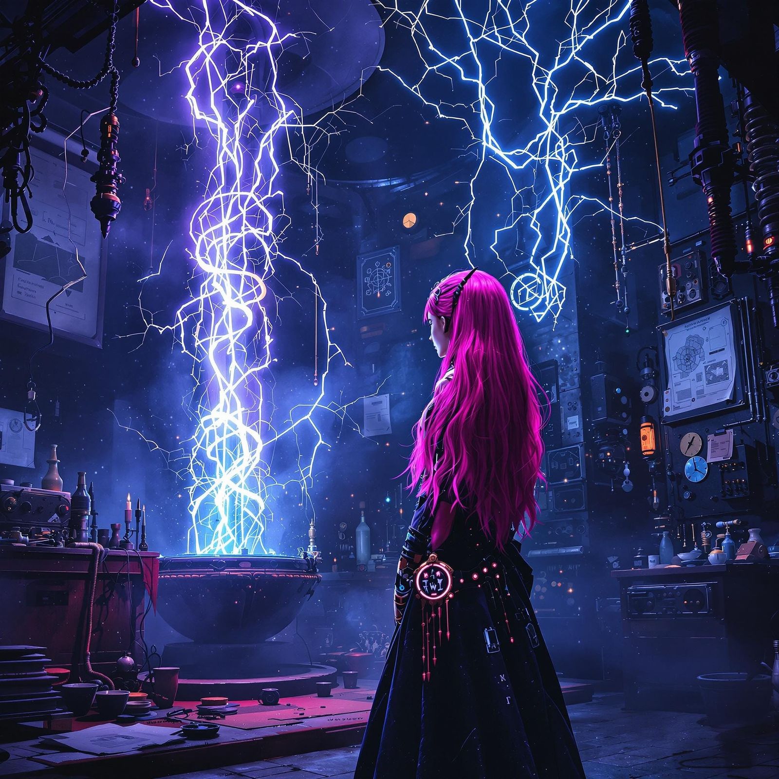 Gothic Artificer in Cyberpunk Laboratory with Tesla Coil