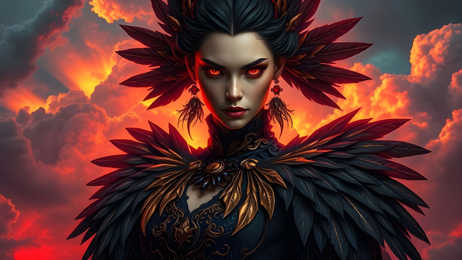 Surreal Goddess with Raven Feather Details and Magical Power