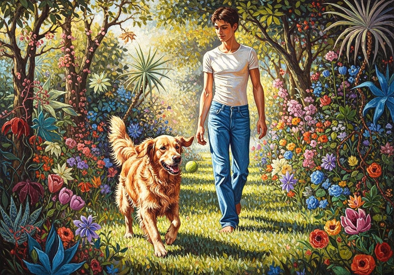 Golden Retriever and Boy Playing in Garden as Impasto Art
