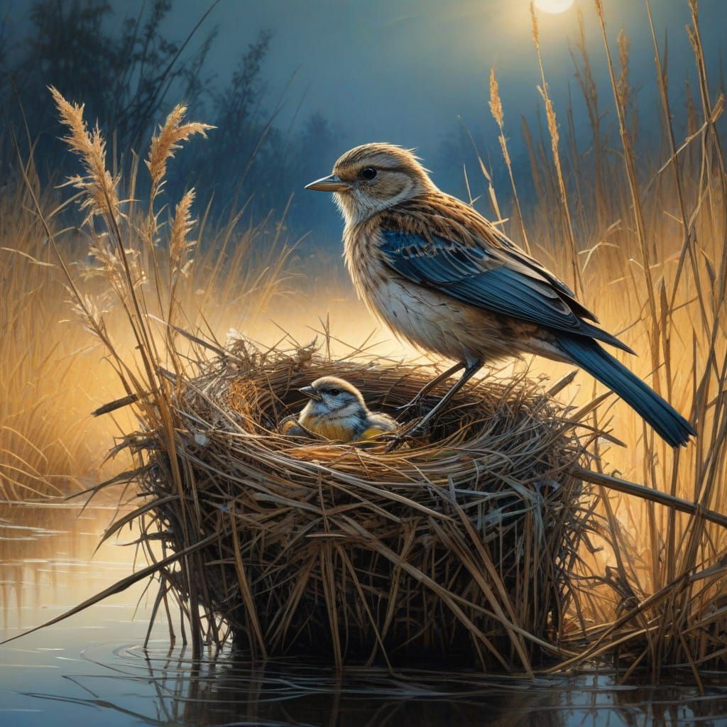 Whimsical Bird's Nest Scene in Dreamy Evening Light