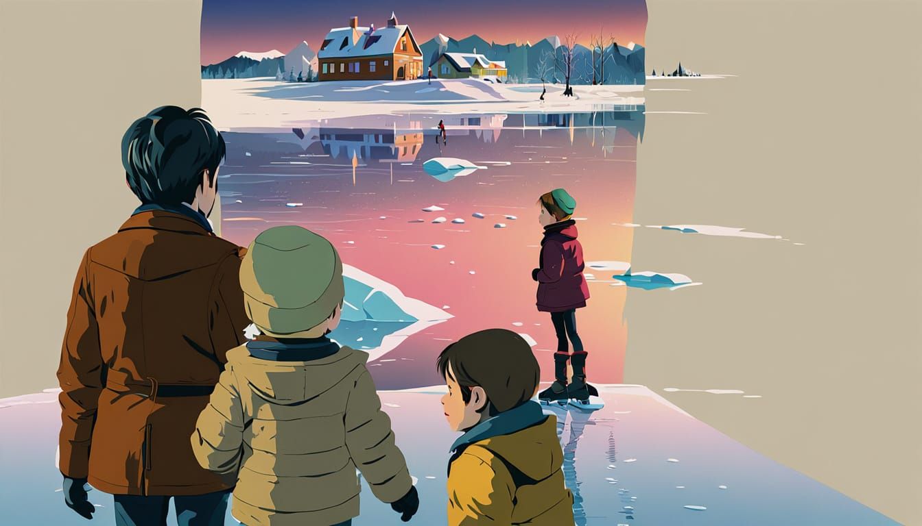 Frozen Lake Landscape with Doctor and Child