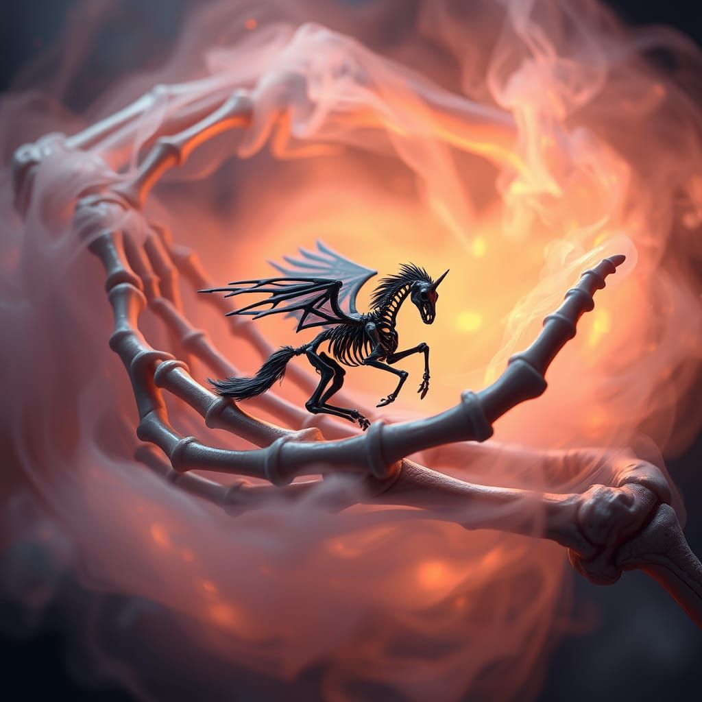 Dark Fantasy Pegasus Perched in Skeleton Hand