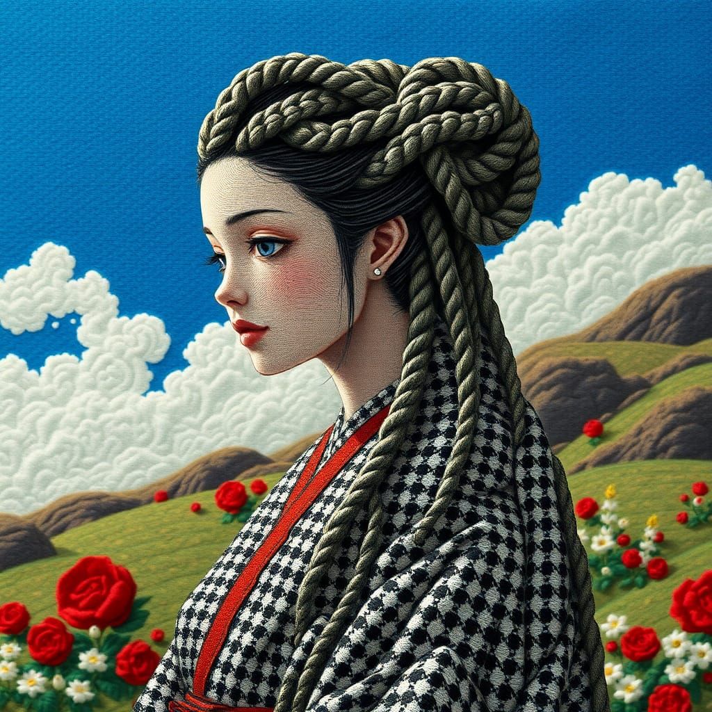 gorgeous anime woman but she's made out of houndstooth braid...