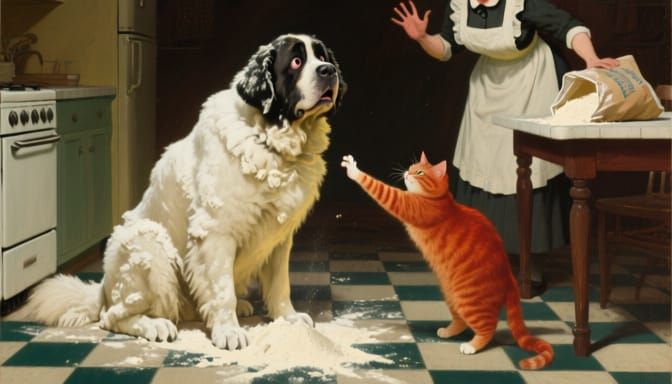 Flour-Covered Dog Discovers Cheating Cat, Detailed Matte Pai...