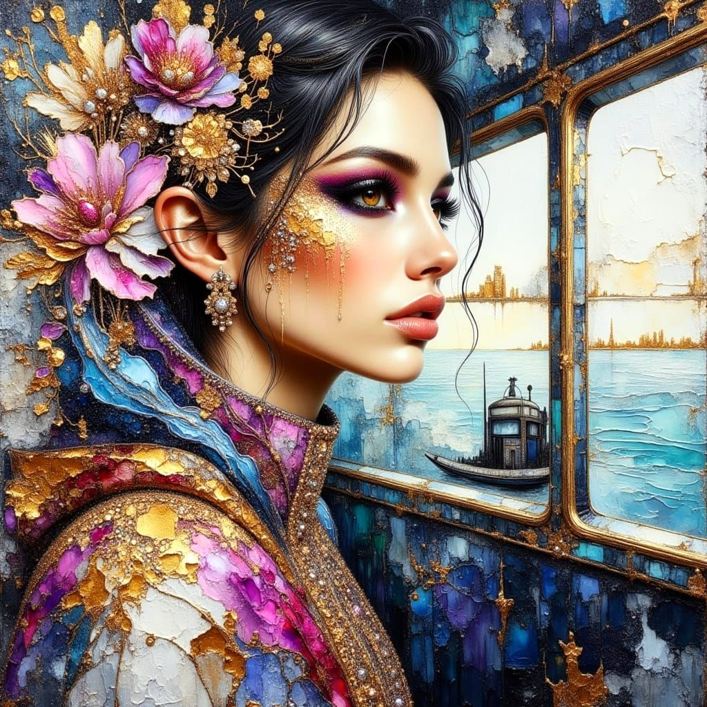 Boho Woman in New York State of Mind as Impasto Painting